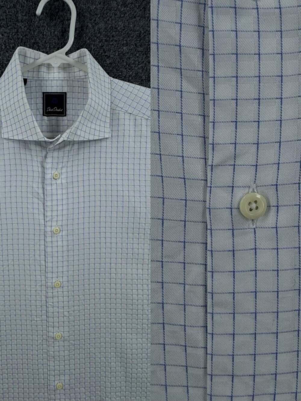 David Donahue 17.5 32/33 Logo White Blue Check Men Cotton Long Sleeve Shirt